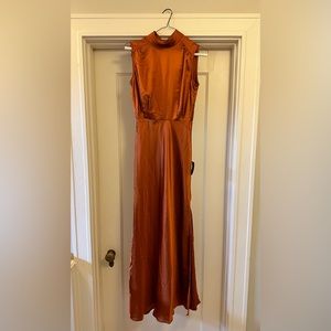 NWT Lulus Classic Elegance Copper Satin Sleeveless Mock Neck Maxi Dress